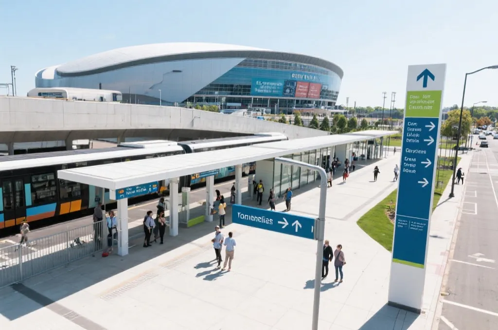 A clean and modern public transportation hub in a major city with clear directional signage and passengers, showing a convenient travel environment